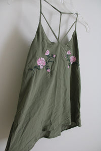 No Boundaries Olive Green Rose Embroidered Tank | M