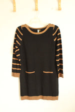 NY Collection Black and Tan Colorblock Sweater with Button Details | M
