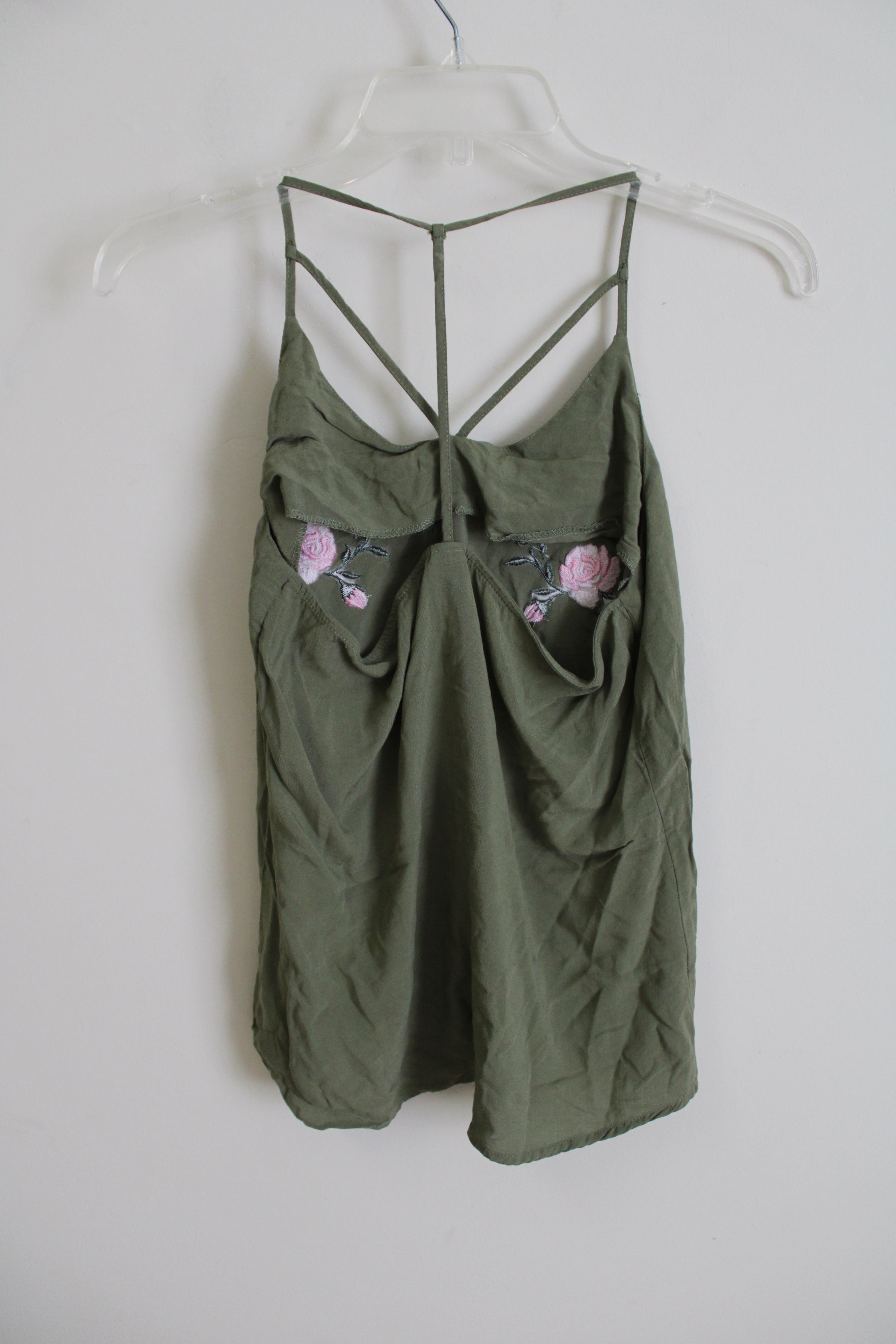 No Boundaries Olive Green Rose Embroidered Tank | M