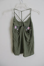 No Boundaries Olive Green Rose Embroidered Tank | M