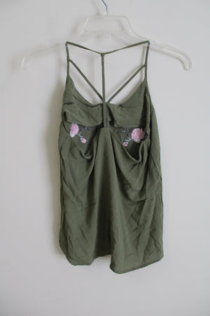 No Boundaries Olive Green Rose Embroidered Tank | M