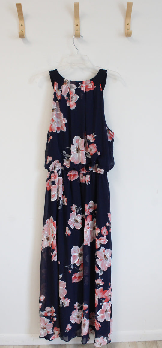 NEW Signature by Robbie Bee Navy and Coral Halter Floral Print Maxi Dress | 18W