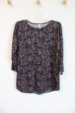 Honey & Lace Navy & Brown Leaf Print Top | L