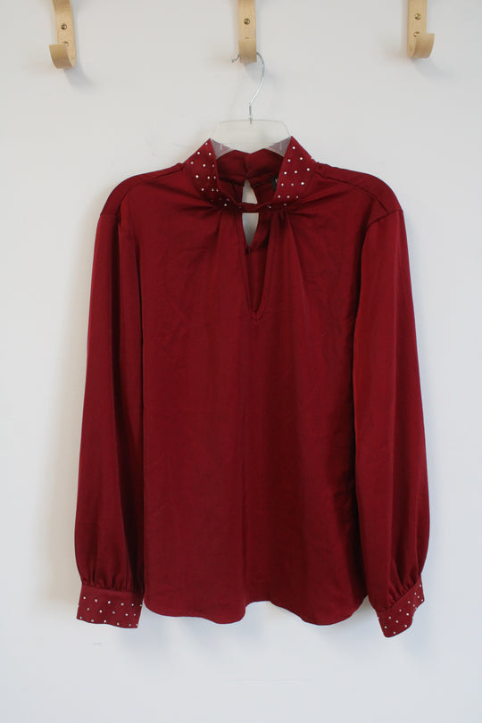 NEW New York & Company Red Keyhole Neckline With Sequined Collar Blouse | XL