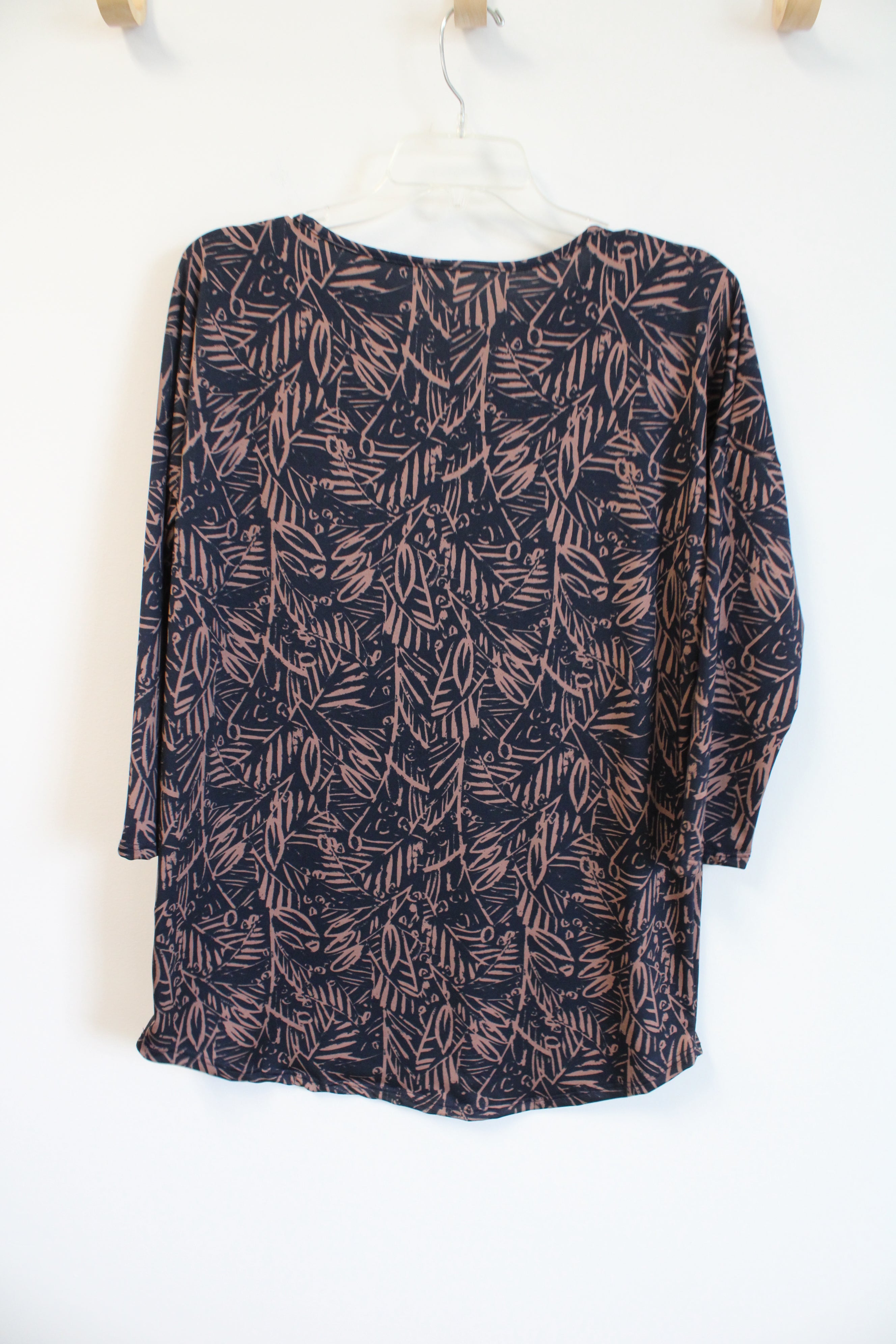 Honey & Lace Navy & Brown Leaf Print Top | L