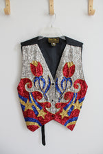 Vintage Bali Chic Red Blue Gold & Silver Sequined Vest | S
