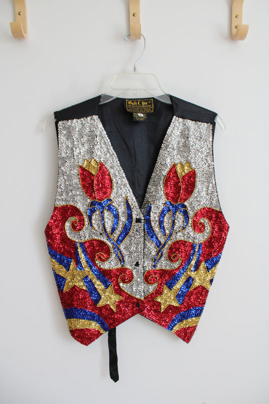 Vintage Bali Chic Red Blue Gold & Silver Sequined Vest | S