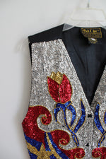 Vintage Bali Chic Red Blue Gold & Silver Sequined Vest | S