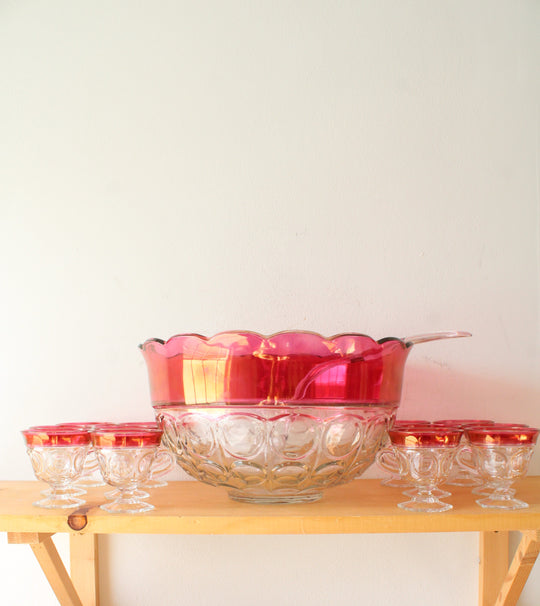 Vintage Indiana Glass Cranberry Kings Crown Punch Bowl Set | Set Of 14