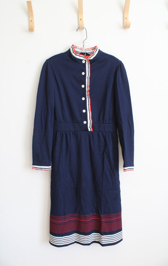 Vintage Navy White & Red Ruffled Trim Dress | M