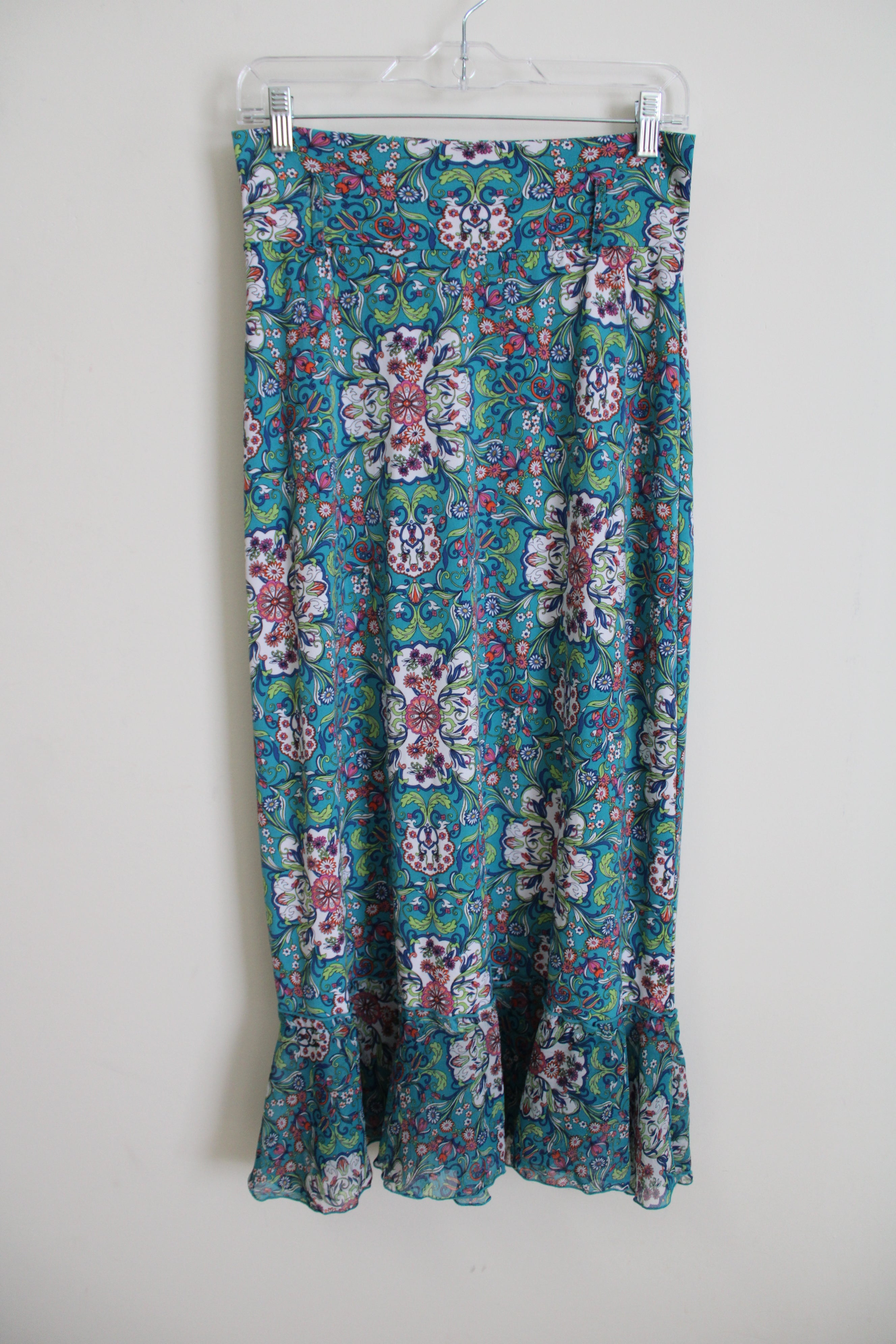 Bisou Bisou Blue Floral Ruffle Bottom Skirt | S Petite
