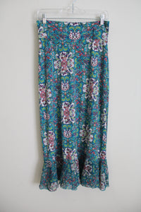 Bisou Bisou Blue Floral Ruffle Bottom Skirt | S Petite