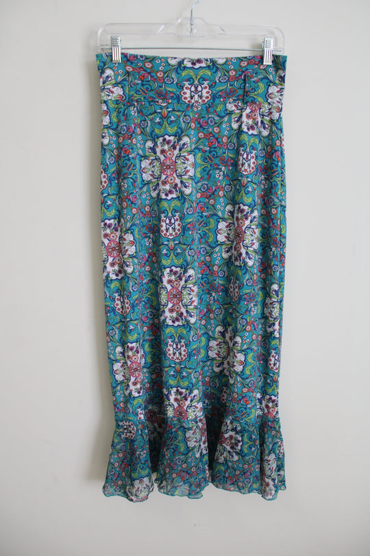 Bisou Bisou Blue Floral Ruffle Bottom Skirt | S Petite