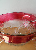 Vintage Indiana Glass Cranberry Kings Crown Punch Bowl Set | Set Of 14