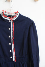 Vintage Navy White & Red Ruffled Trim Dress | M