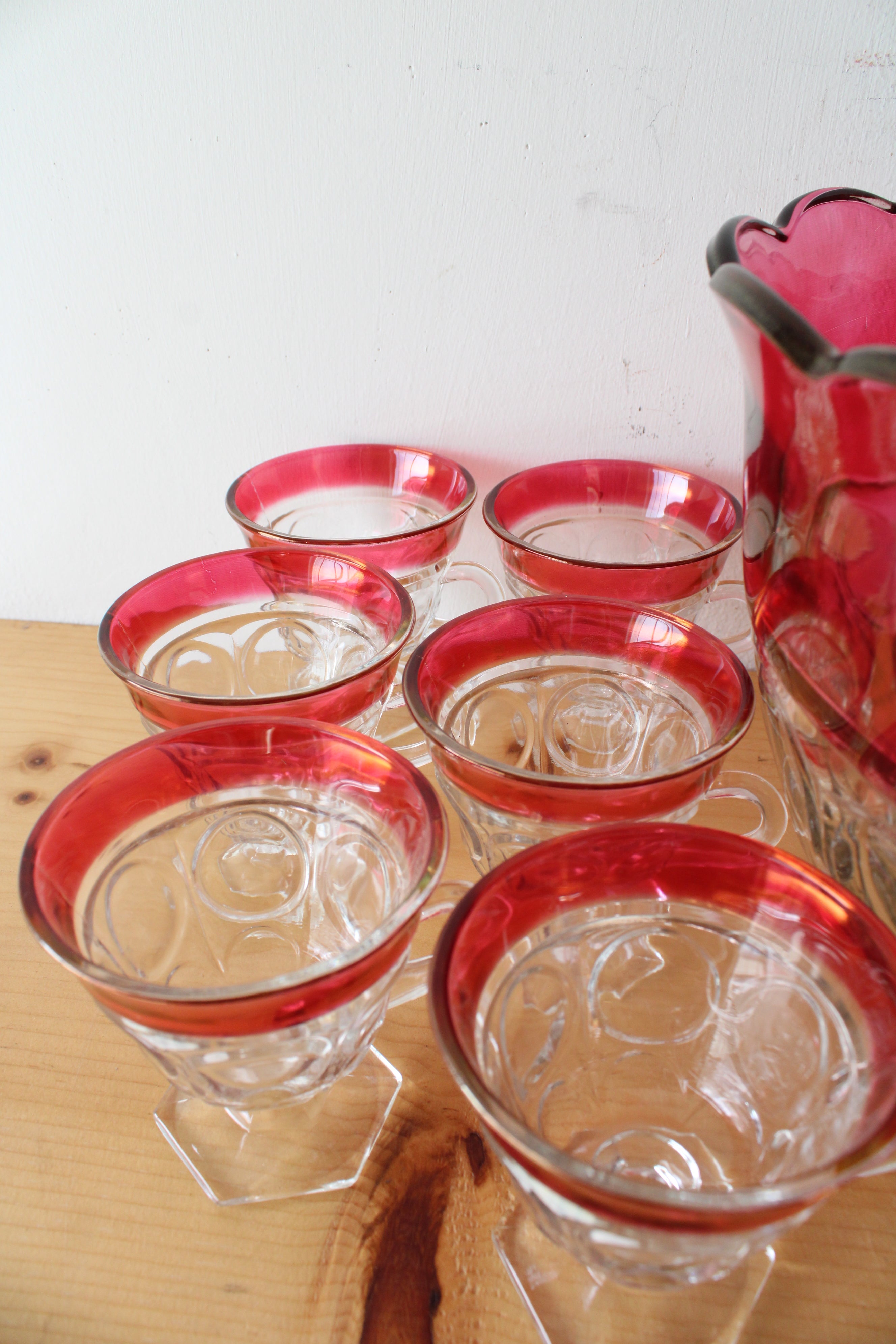 Vintage Indiana Glass Cranberry Kings Crown Punch Bowl Set | Set Of 14