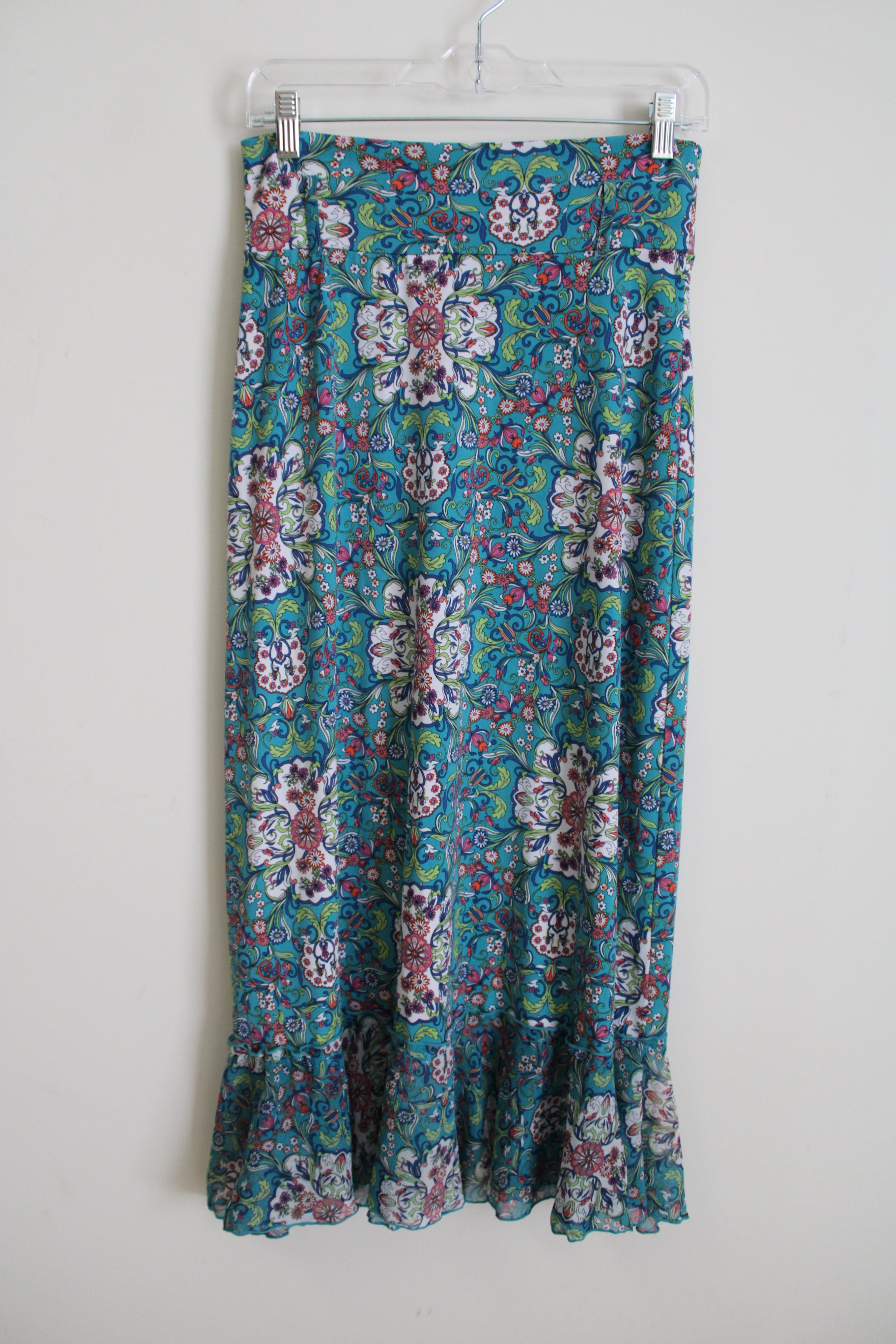 Bisou Bisou Blue Floral Ruffle Bottom Skirt | S Petite