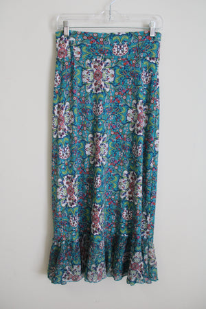Bisou Bisou Blue Floral Ruffle Bottom Skirt | S Petite