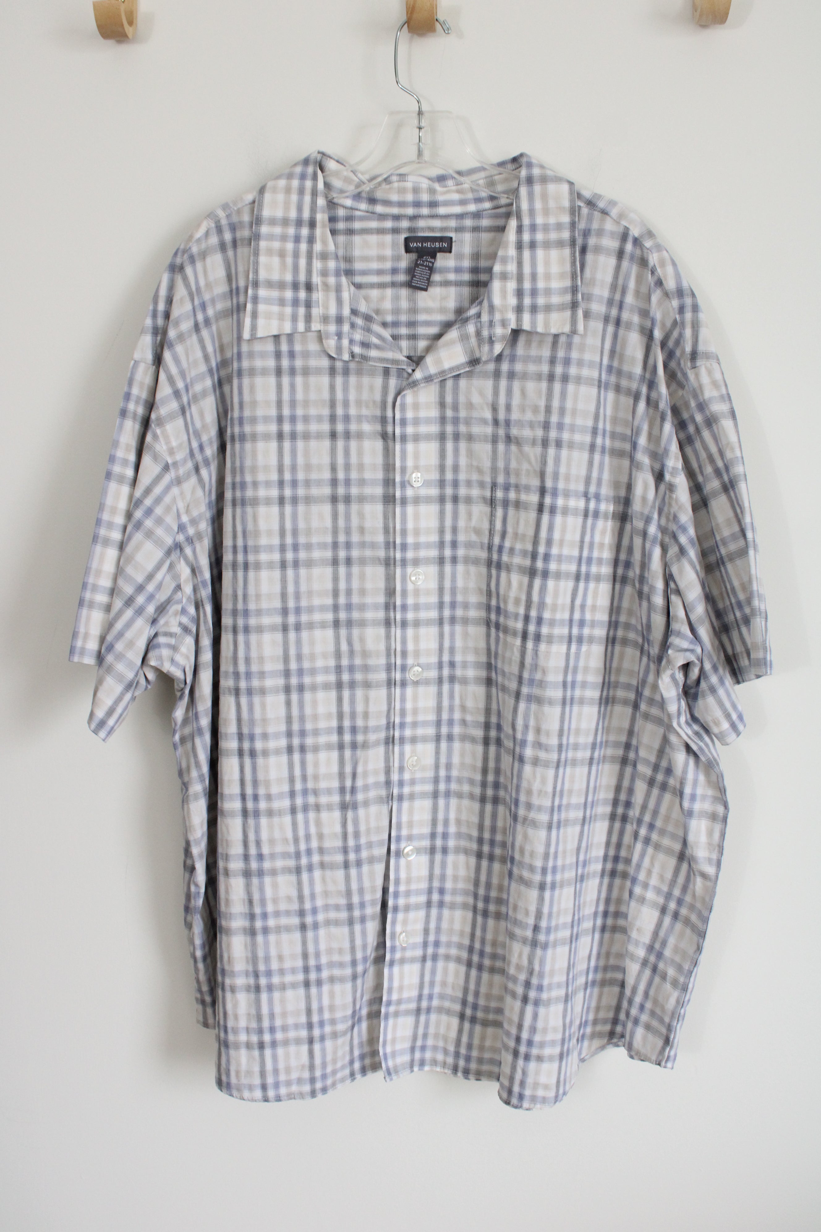 Van Heusen Blue White Tan Plaid Short Sleeved Button Down Shirt | 4XL