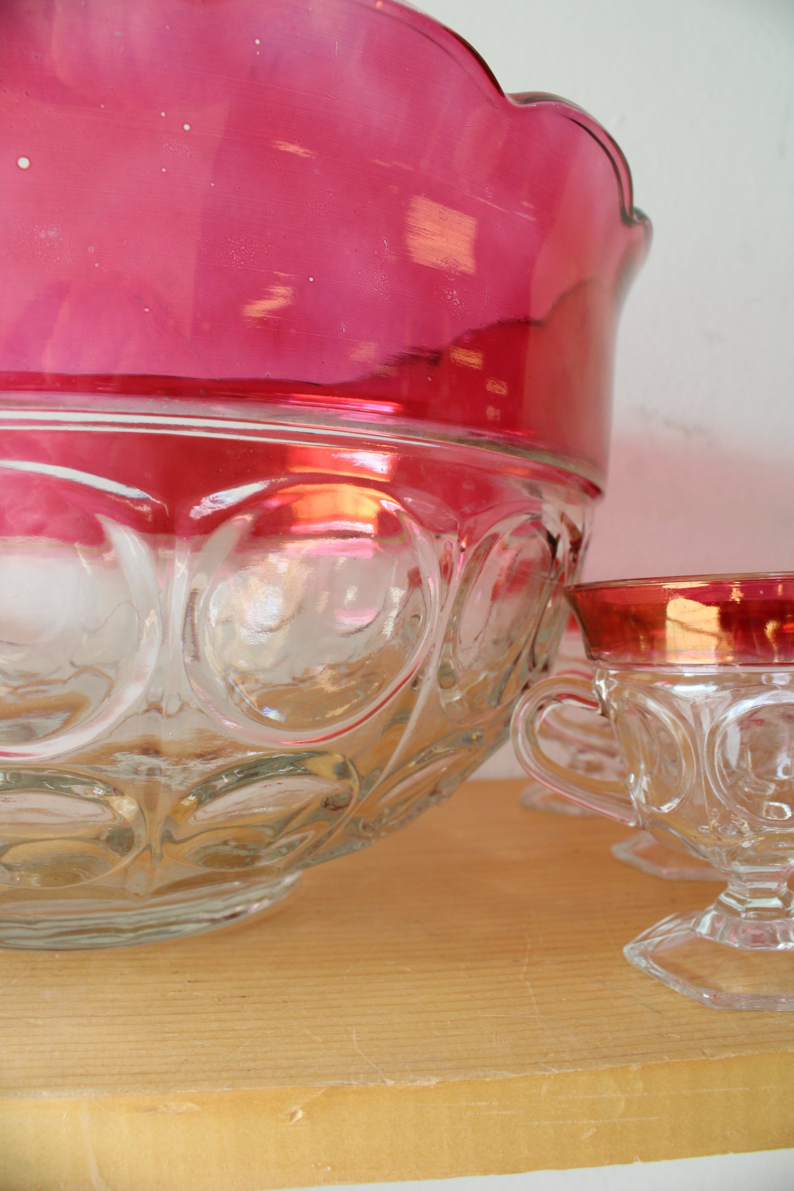Vintage Indiana Glass Cranberry Kings Crown Punch Bowl Set | Set Of 14