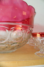 Vintage Indiana Glass Cranberry Kings Crown Punch Bowl Set | Set Of 14