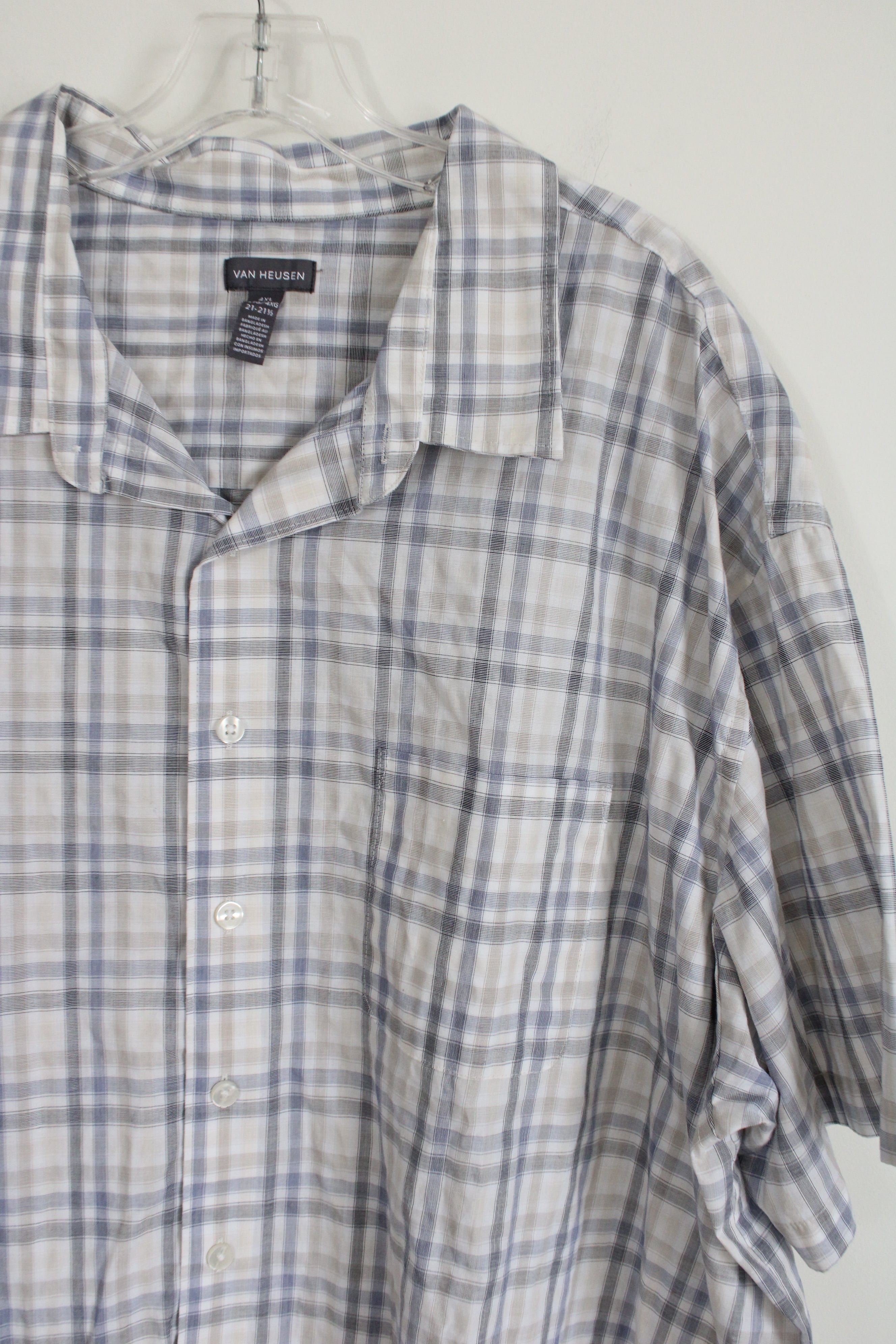 Van Heusen Blue White Tan Plaid Short Sleeved Button Down Shirt | 4XL