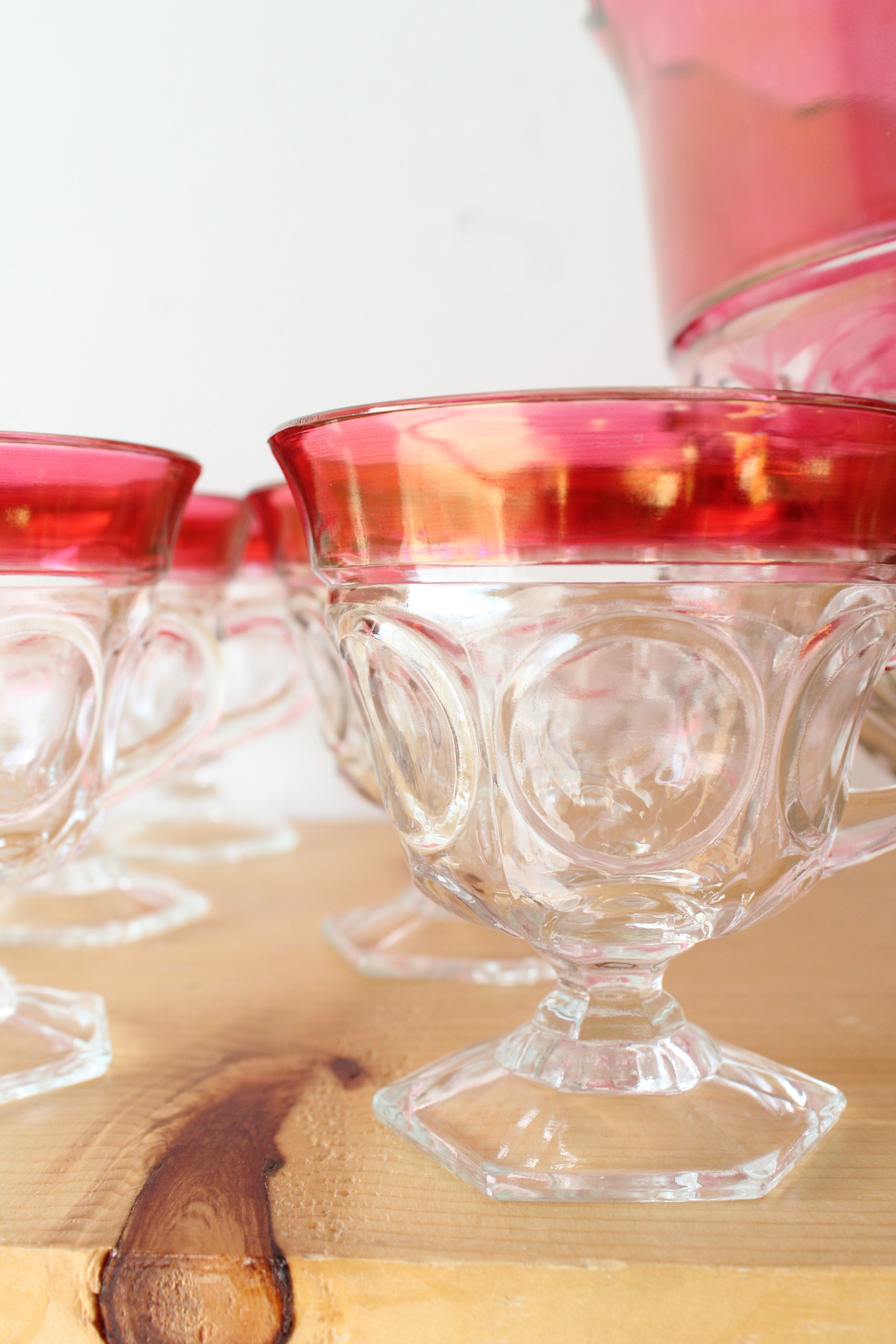 Vintage Indiana Glass Cranberry Kings Crown Punch Bowl Set | Set Of 14