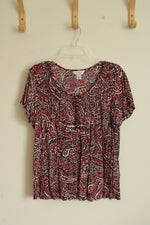 CJ Banks Red and Black Paisley Printed Flutter Sleeve Top with Front Tie | XL