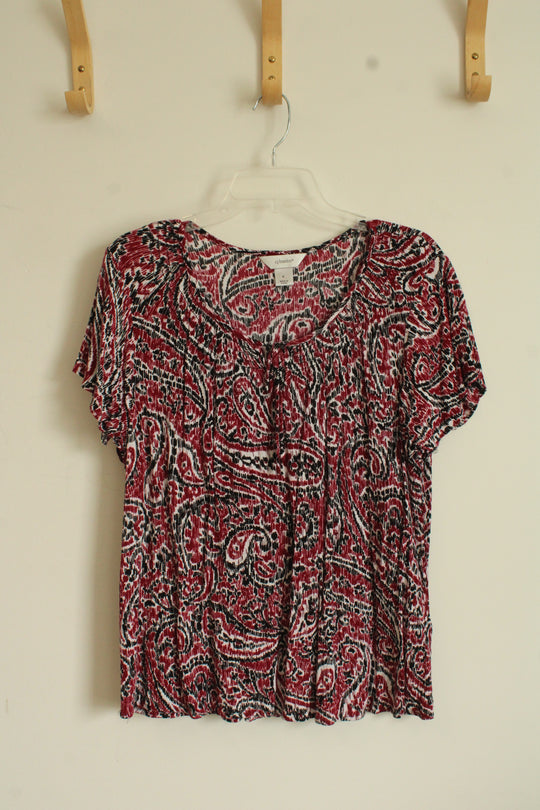 CJ Banks Red and Black Paisley Printed Flutter Sleeve Top with Front Tie | XL