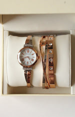 NEW Anne Klein Mother Of Pearl Rose Gold & Silver Finish Watch & Bangle Set