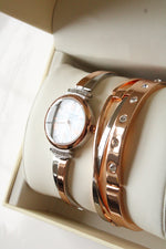 NEW Anne Klein Mother Of Pearl Rose Gold & Silver Finish Watch & Bangle Set