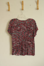CJ Banks Red and Black Paisley Printed Flutter Sleeve Top with Front Tie | XL