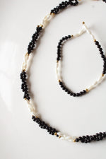 Rice Pearl & Black Beaded Necklace Bracelet Set