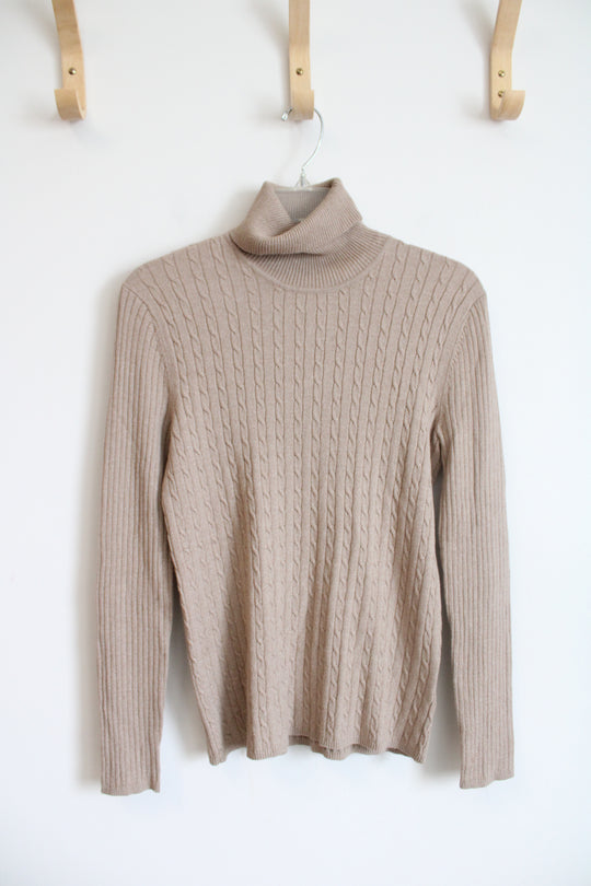 Evan-Picone Tan Cable Knit Turtleneck Sweater | L Petite