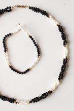 Rice Pearl & Black Beaded Necklace Bracelet Set