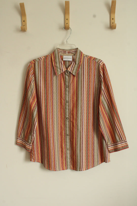 Alfred Dunner Orange Green and Yellow Striped Button Down Shirt | 14