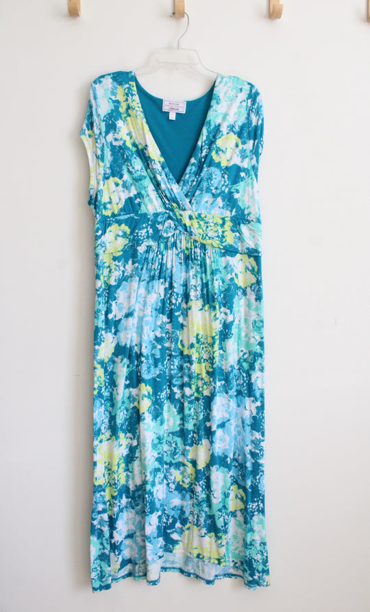 Carole Hochman Heavenly Soft Blue Yellow & White Patterned Knit Maxi Dress | 1X