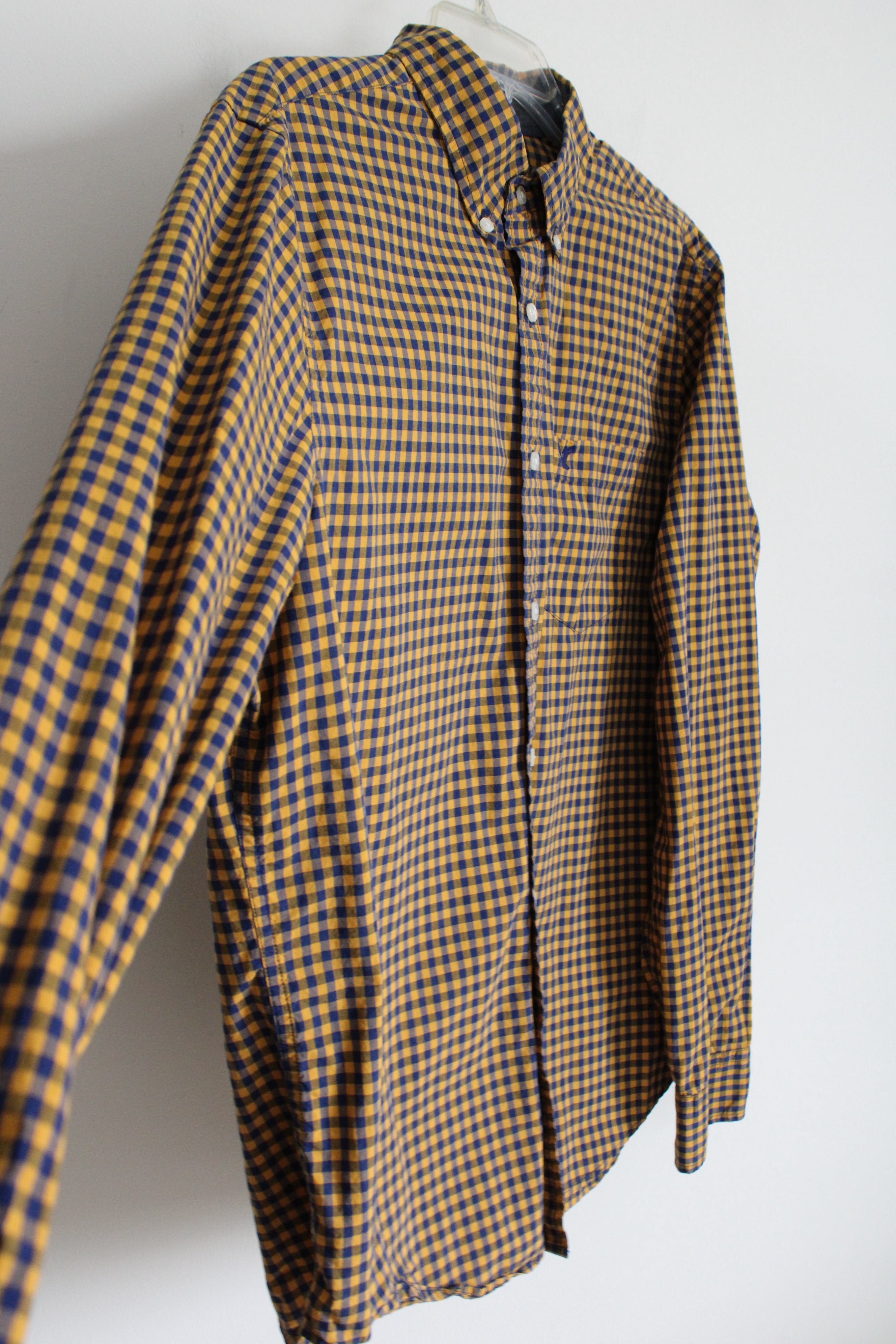 American Eagle Classic Fit Yellow Blue Gingham Button Down Shirt | L