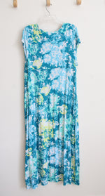 Carole Hochman Heavenly Soft Blue Yellow & White Patterned Knit Maxi Dress | 1X