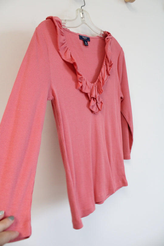 Chaps Denim Coral Pink Ribbed Ruffle Necklace Top | M