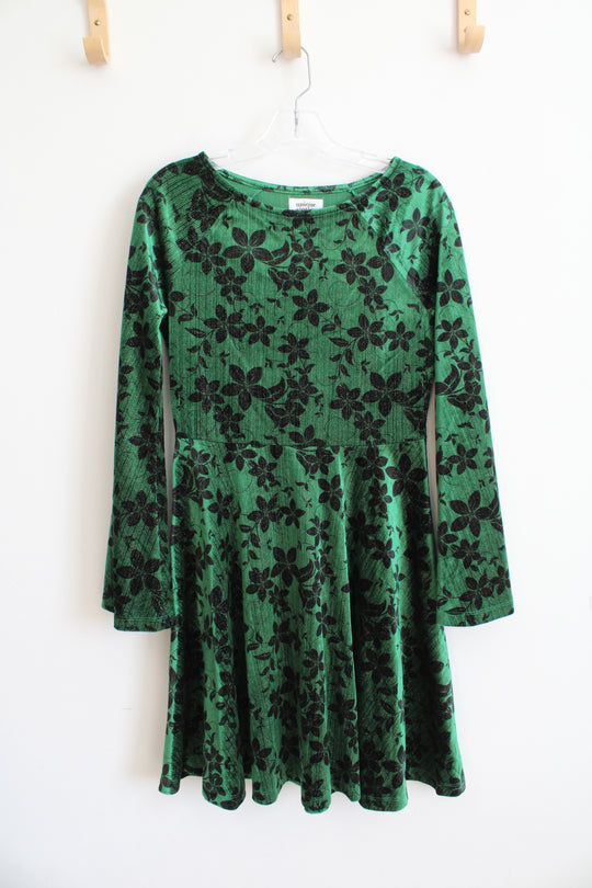 Unique Vintage Green & Black Floral Bell Sleeve Velvet Dress | M (6/8)