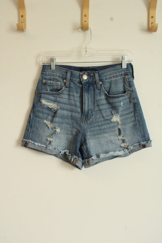 Aeropostale Medium wash Cuffed Distressed Mom Denim Shorts | 0