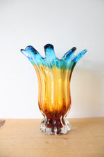 Vintage Murano Amber & Blue Glass Vase | 10.5"