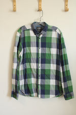 LOGG Cotton Green Blue and Shite Square Button Down Shirt | M