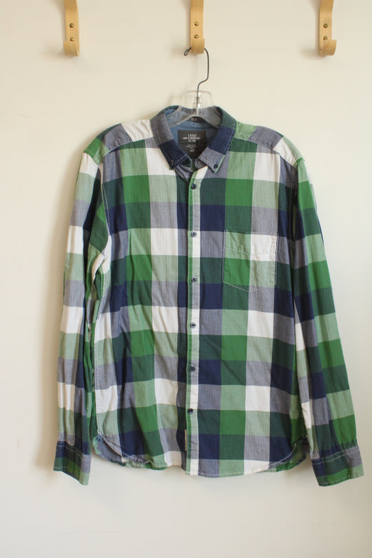 LOGG Cotton Green Blue and Shite Square Button Down Shirt | M