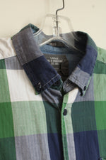 LOGG Cotton Green Blue and Shite Square Button Down Shirt | M