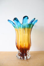 Vintage Murano Amber & Blue Glass Vase | 10.5"
