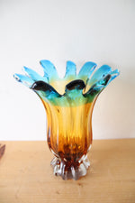 Vintage Murano Amber & Blue Glass Vase | 10.5"