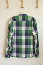 LOGG Cotton Green Blue and Shite Square Button Down Shirt | M