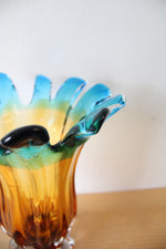 Vintage Murano Amber & Blue Glass Vase | 10.5"